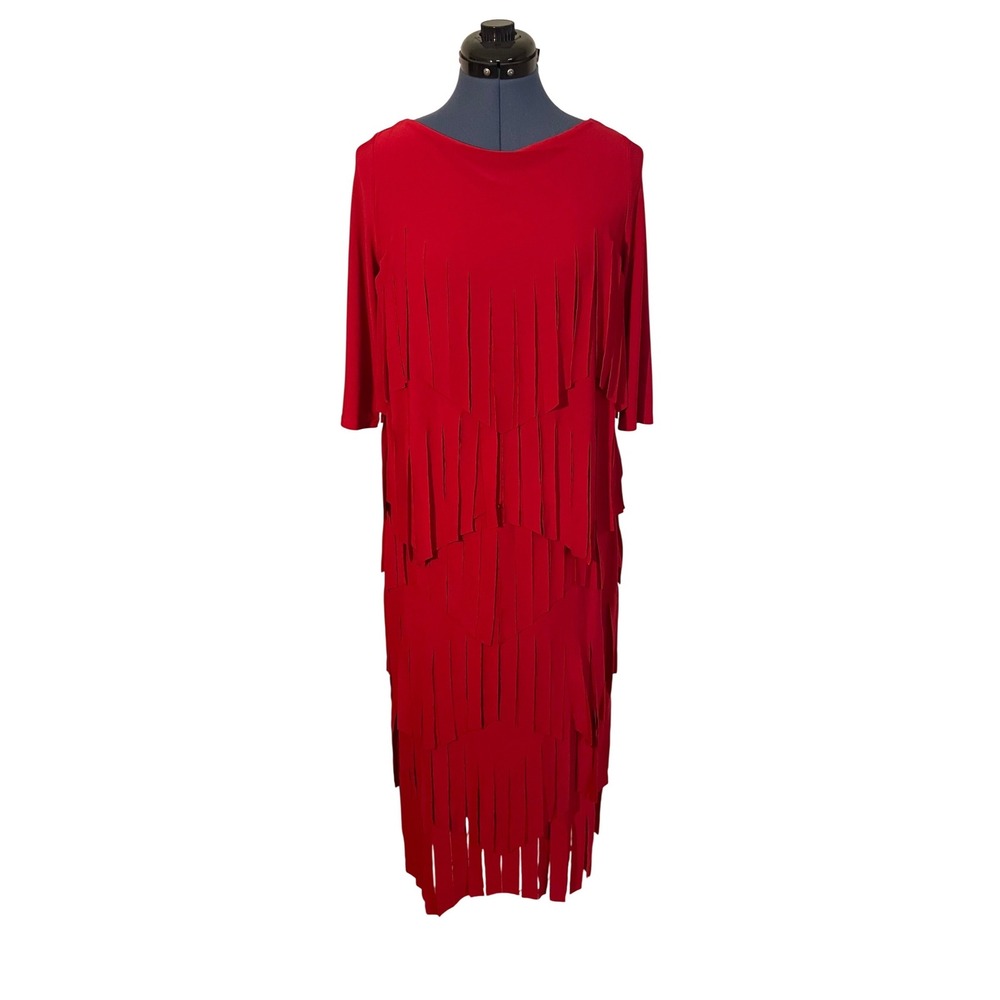 IC Connie‎ K Set Red Tiered Fringe 3/4 Sleeve Top Midi Skirt Flapper Holiday S
